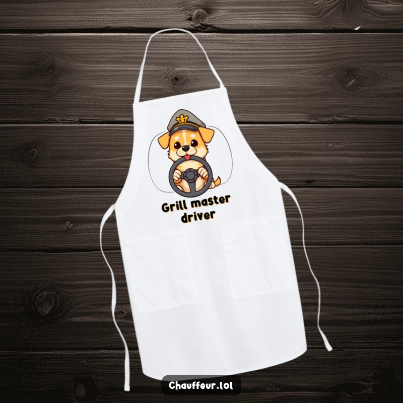 Funny apron with a cool dog in a peaked cap holding a steering wheel, perfect for cooking with automotive humor.