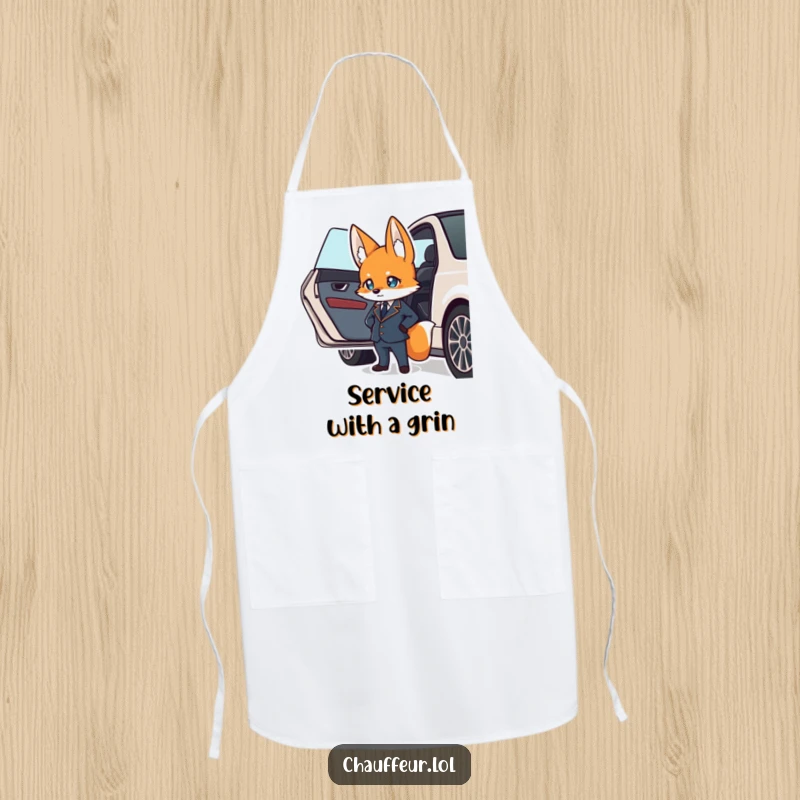 Funny apron featuring a suave fox character in a uniform confidently waiting by a car door, ideal funny gift.