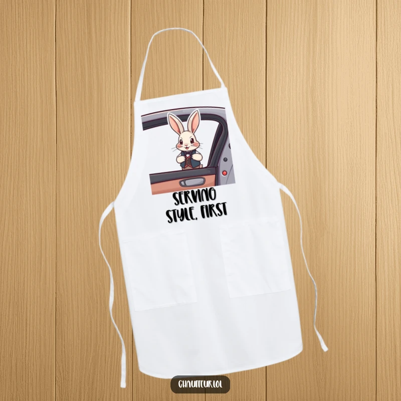 Funny Rabbit Vest Apron with a debonair rabbit in a vest opening a car door, stylish and a funny gift.