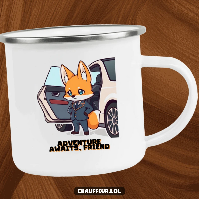 Funny camping mug showing a suave fox in a uniform waiting by a car door, perfect for outdoor funny gift.
