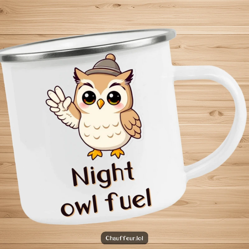 Funny camping mug showing a cool owl wearing a tiny hat and signaling with its wing, perfect for outdoor funny gift.