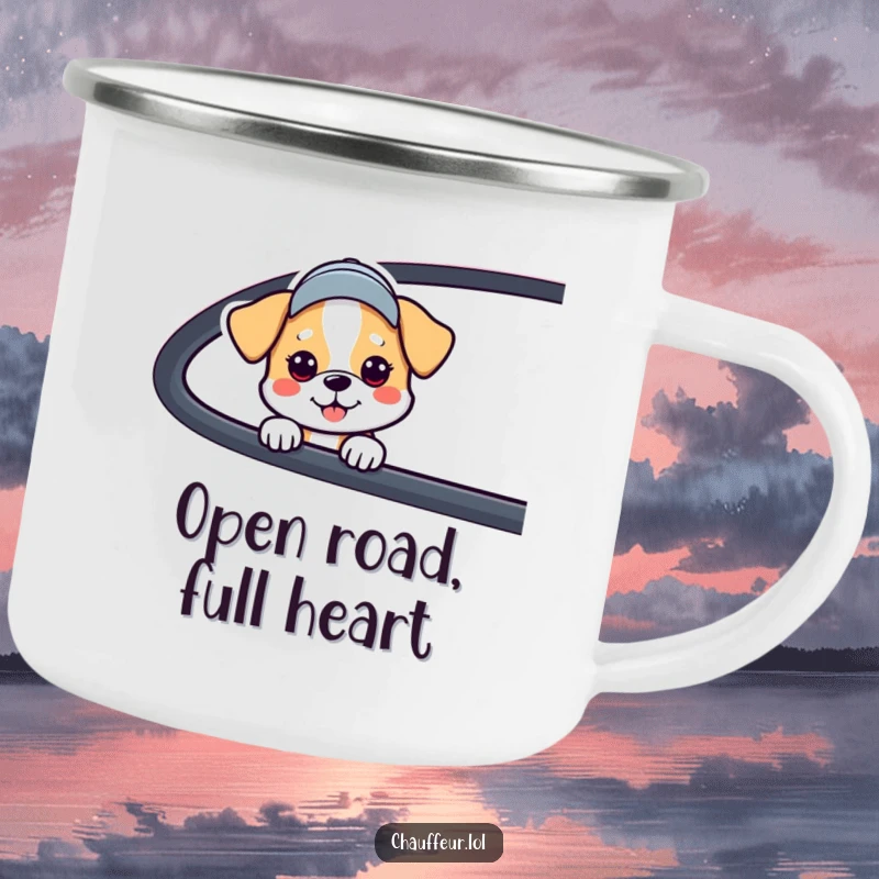 Funny Dog Car Window Camping Mug showing a dog with a cap peeking from a car, great for outdoors and a funny gift.