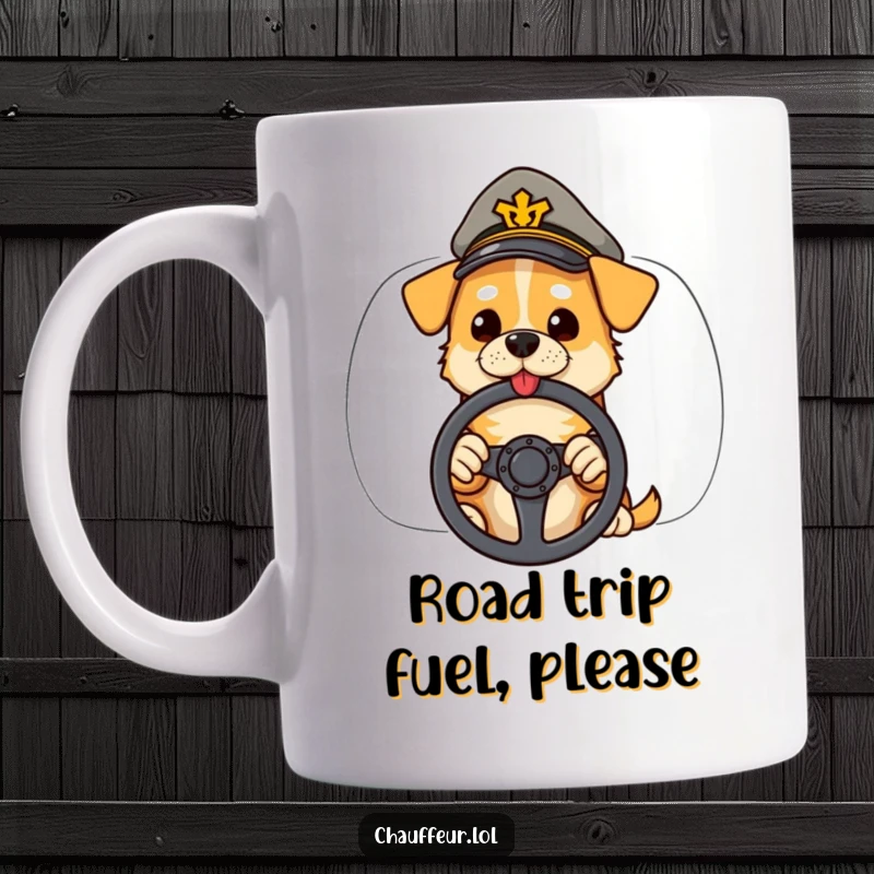 Funny mug featuring a cool dog wearing a peaked cap, confidently holding a steering wheel, ready for a drive.