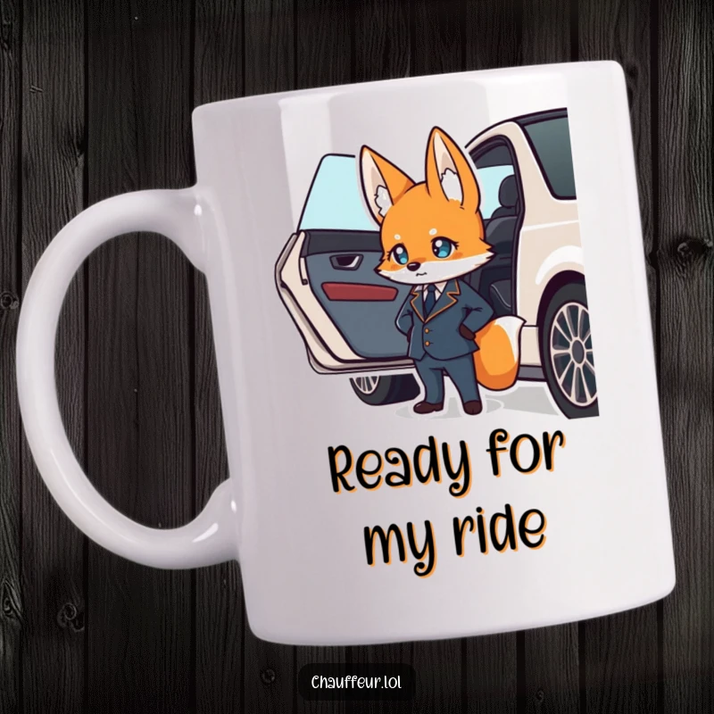 Funny fox character in a small uniform confidently waiting by a car door, perfect for a valet theme funny gift mug.
