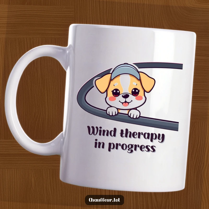 Funny Dog Car Window Mug with a friendly dog wearing a cap, peeking out playfully, making it a great funny gift.