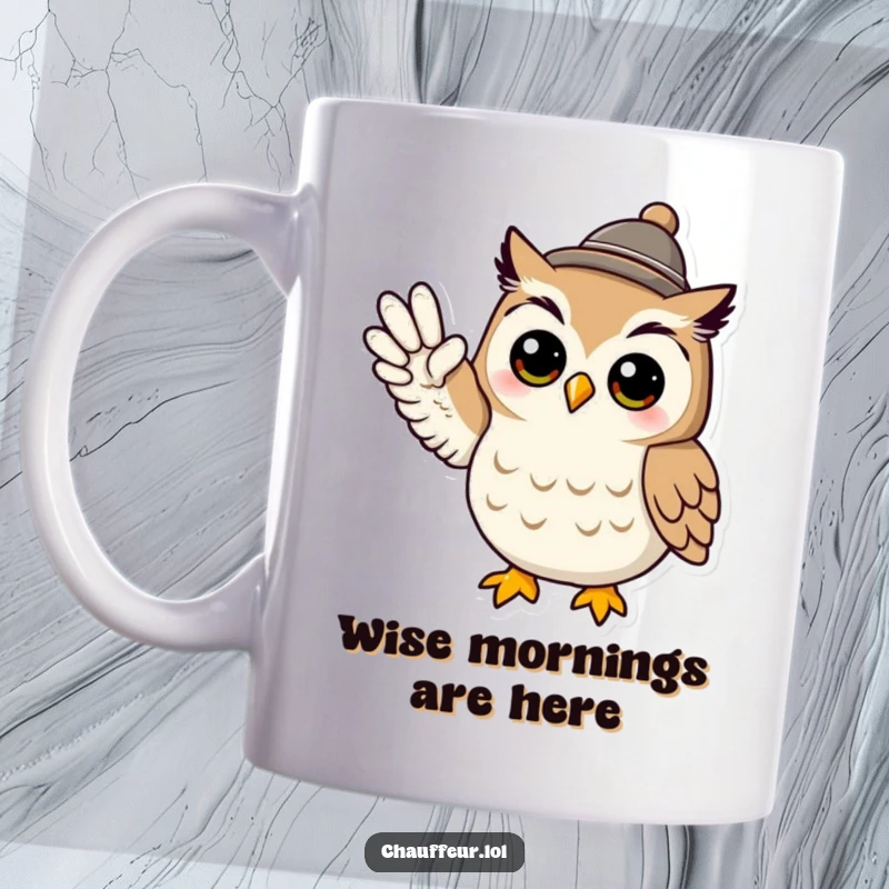 Funny owl character wearing a tiny hat, signaling with its wing, perfect for a wise and funny gift mug.
