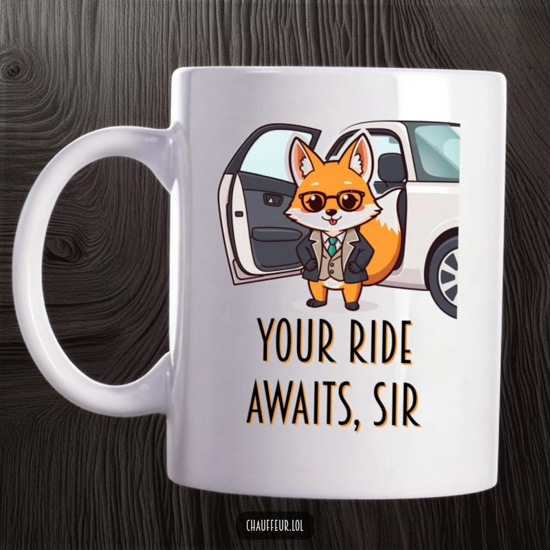 Funny mug depicting a dapper fox in a smart uniform opening a car door, symbolizing excellent service and sophistication.