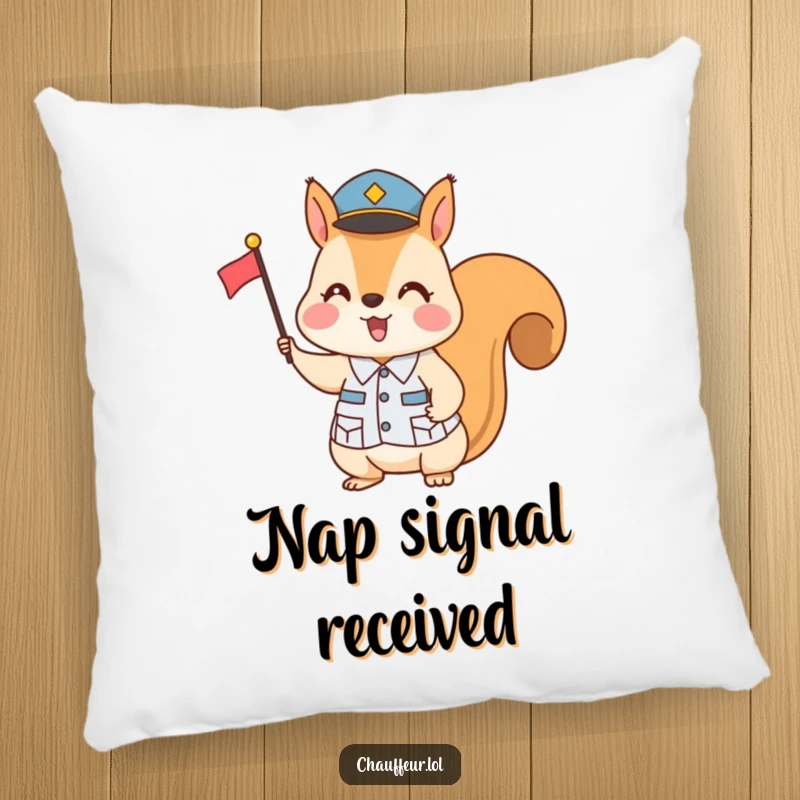 Funny Squirrel Flag Signal Pillow: A cute squirrel dressed in uniform attentively signals with a small flag, providing a soft and humorous decorative touch.