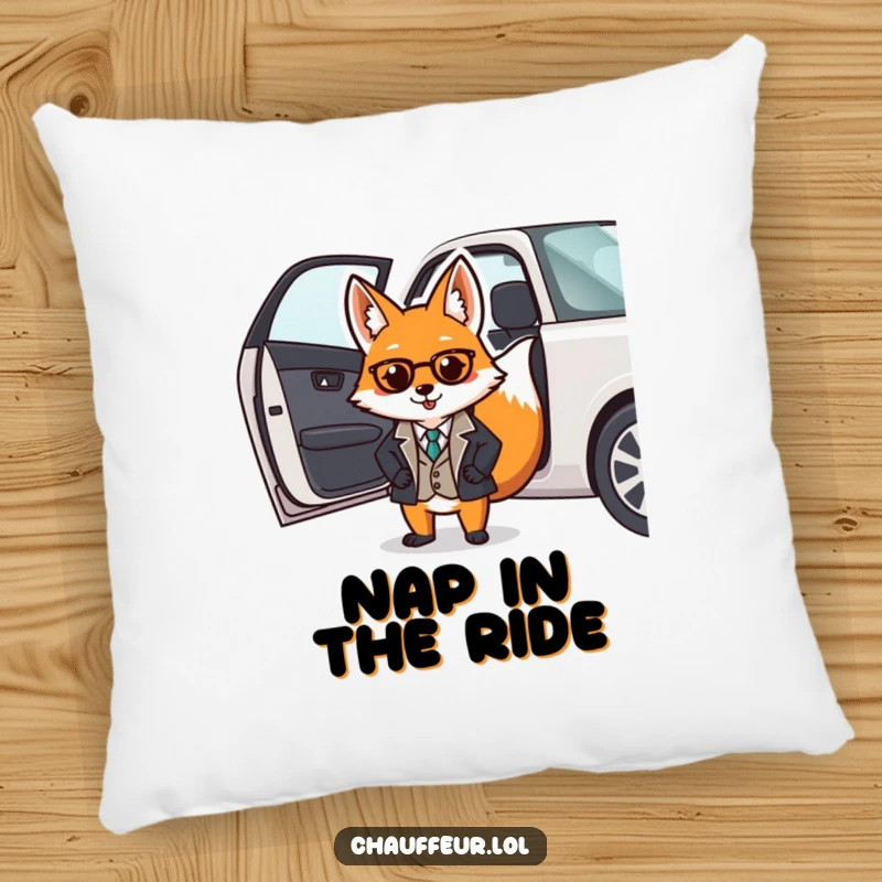 Funny pillow showcasing a dapper fox in a smart uniform opening a car door, perfect for cozy, sophisticated comfort.