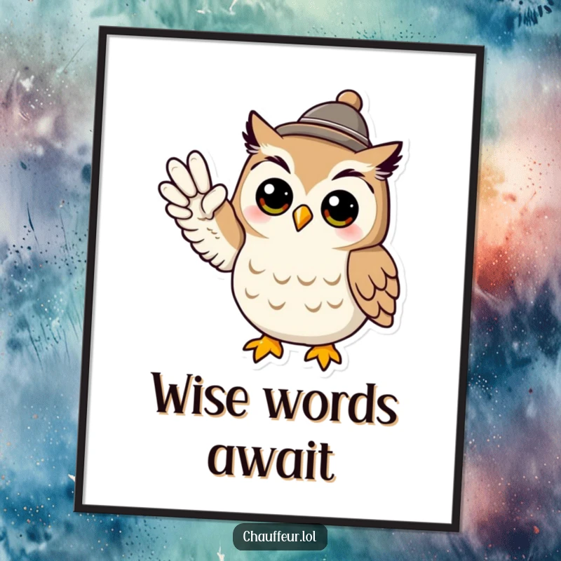 Funny digital art print of a cool owl character wearing a tiny hat and signaling with its wing, perfect funny gift.