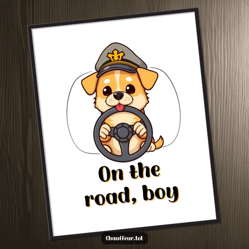 Funny digital art print of a cool dog in a peaked cap holding a steering wheel, perfect for instant automotive decor.