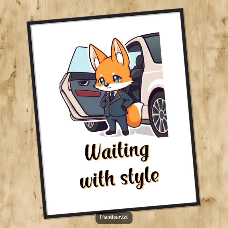 Funny digital art print of a suave fox character in a uniform confidently waiting by a car door, perfect funny gift.