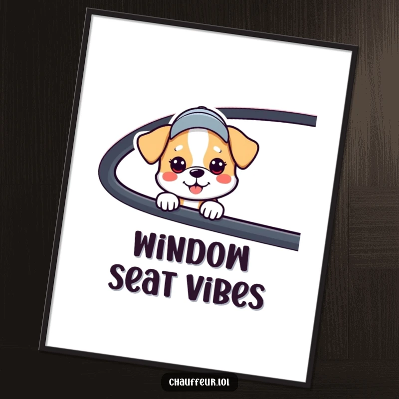 Funny Dog Car Window Digital Art Print showing a dog with a cap peeking from a car, instant download, funny gift idea.