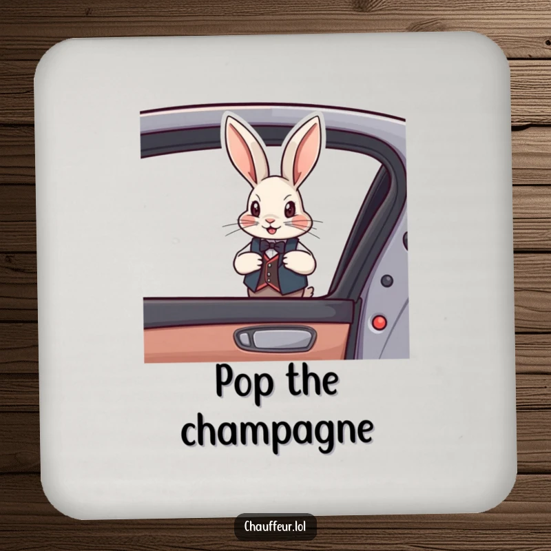 Funny Rabbit Vest Coasters depicting a debonair rabbit in a vest opening a car door, elegant and a funny gift.