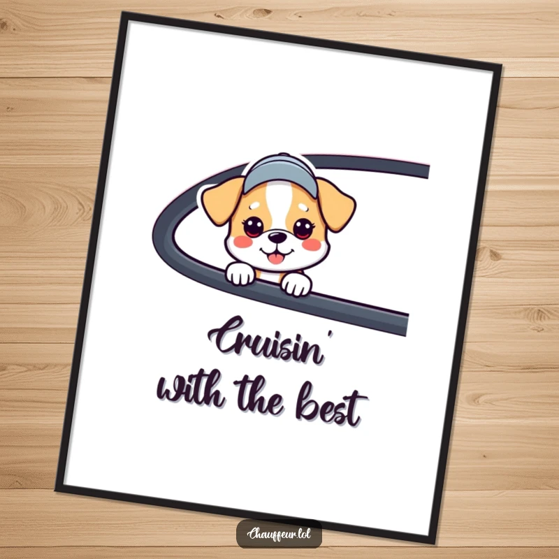 Funny Dog Car Window Poster showing a friendly dog with a cap peeking out a car, a humorous and eye-catching funny gift.