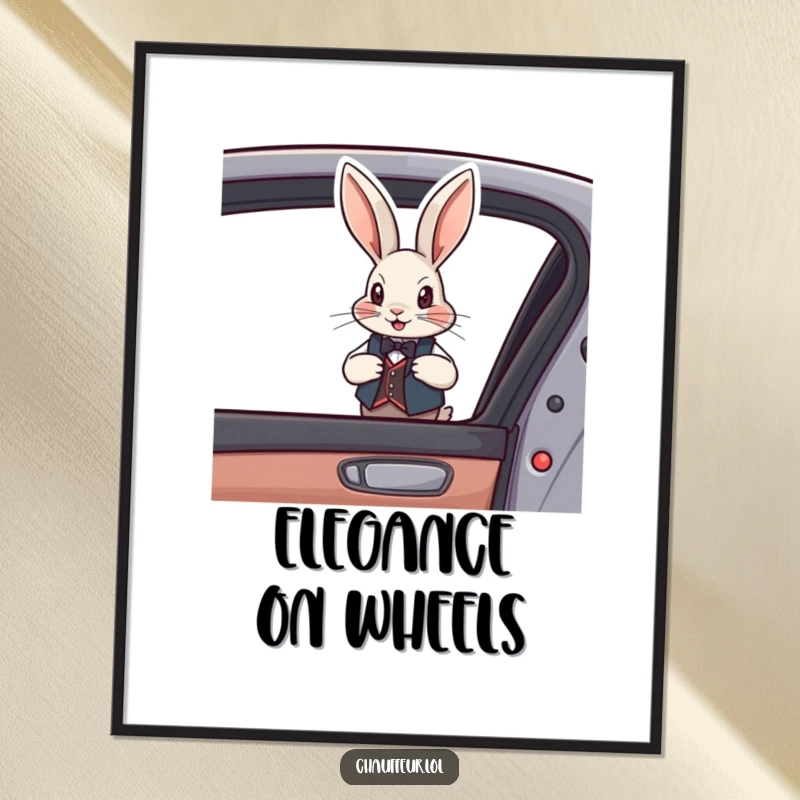 Funny Rabbit Vest Poster depicting a debonair rabbit in a vest opening a car door, elegant and a funny gift.