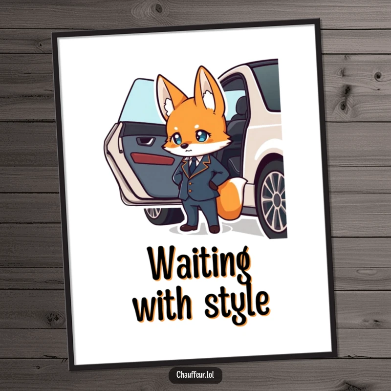 Funny poster print of a suave fox character in a uniform confidently waiting by a car door, great funny gift.
