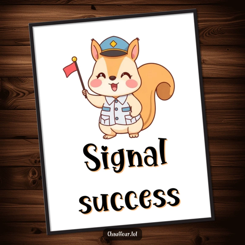 Funny Squirrel Flag Signal Poster: A detailed illustration of a squirrel in uniform confidently signaling with a miniature flag, bringing humorous charm to any wall.