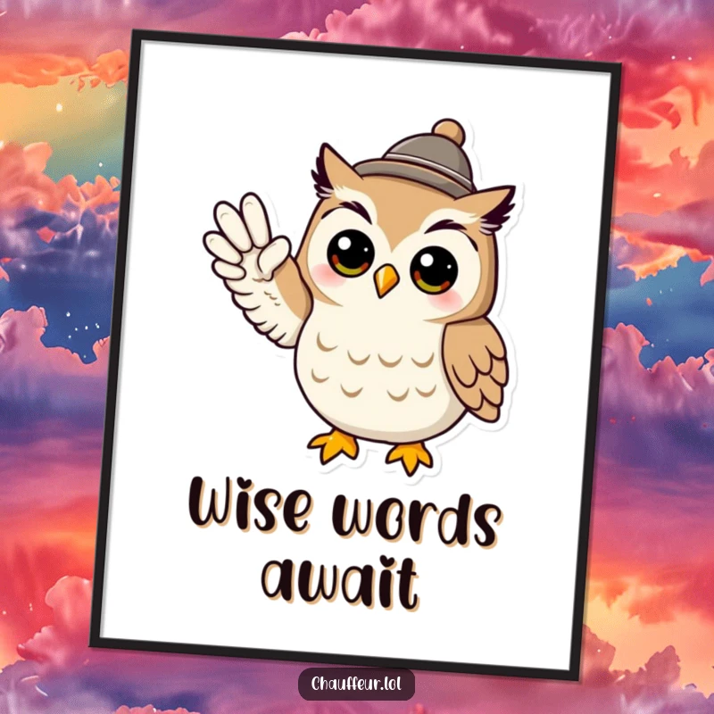 Funny poster print of a cool owl character wearing a tiny hat and signaling with its wing, great funny gift.