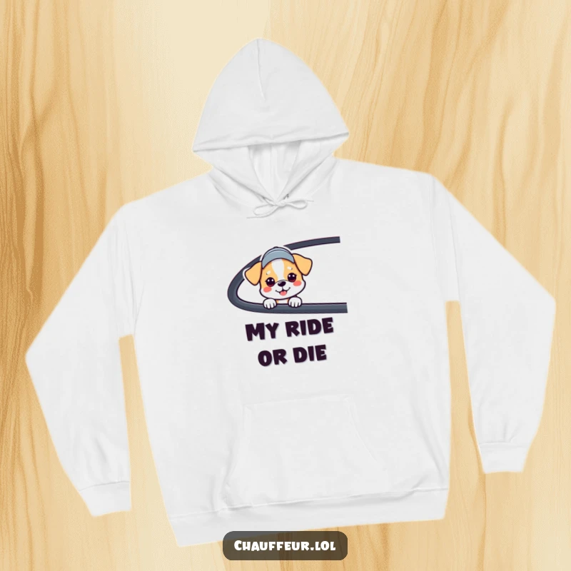 Funny Dog Car Window Hoodie showing a happy dog with a cap peeking from a car, a wonderful funny gift for dog enthusiasts.