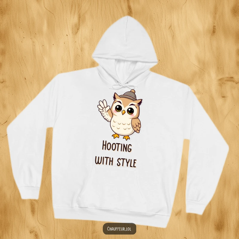 Funny and cozy hoodie design featuring a cool owl wearing a tiny hat and signaling with its wing, ideal funny gift.