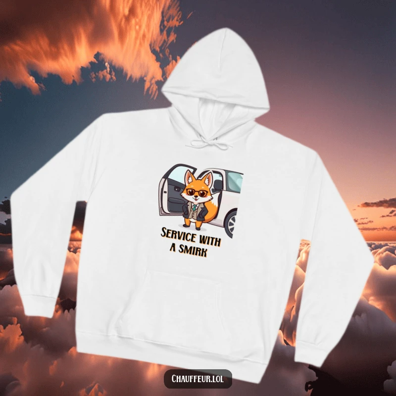 Funny hoodie with a dapper fox in a smart uniform opening a car door, perfect for sophisticated warmth and comfort.