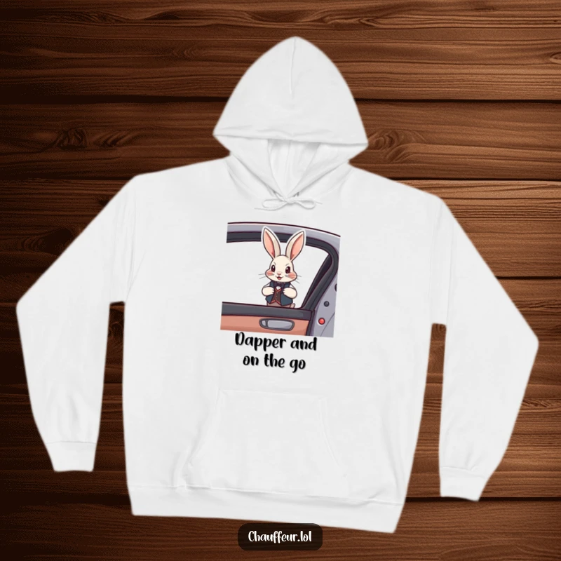 Funny Rabbit Vest Hoodie featuring a debonair rabbit in a vest opening a car door, cozy and a funny gift choice.