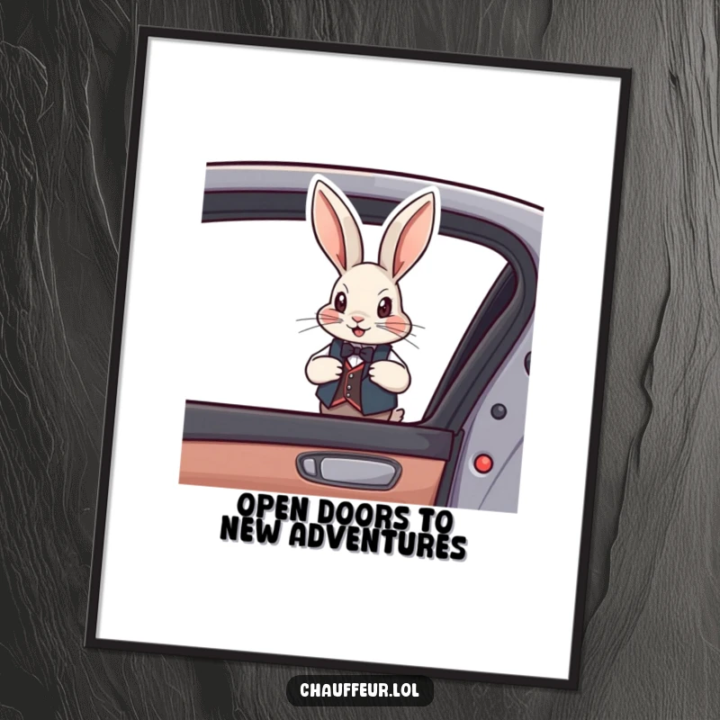 Funny Free Printable Wall Art: A debonair rabbit in a tiny vest opens a car door, inviting whimsy into your room.
