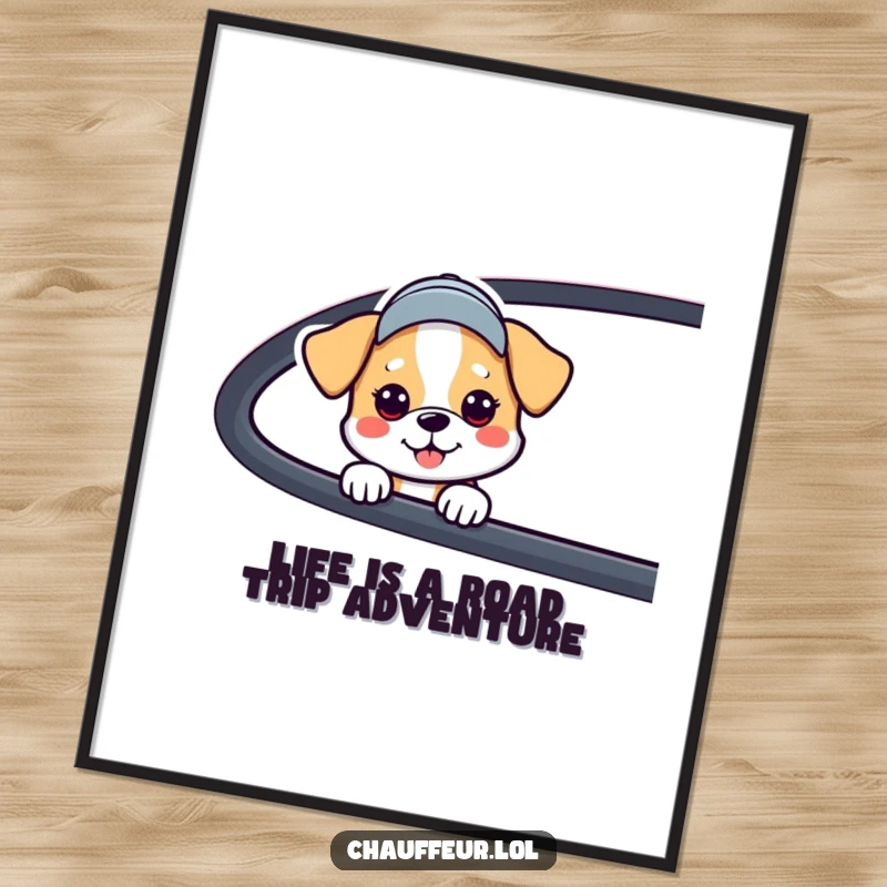 Funny Free Printable Wall Art: A happy dog wearing a small cap peeks out of a car window, bringing roadside fun indoors.