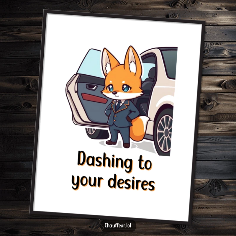 Funny free printable wall art: a suave fox character in a small uniform confidently waits by a car door.