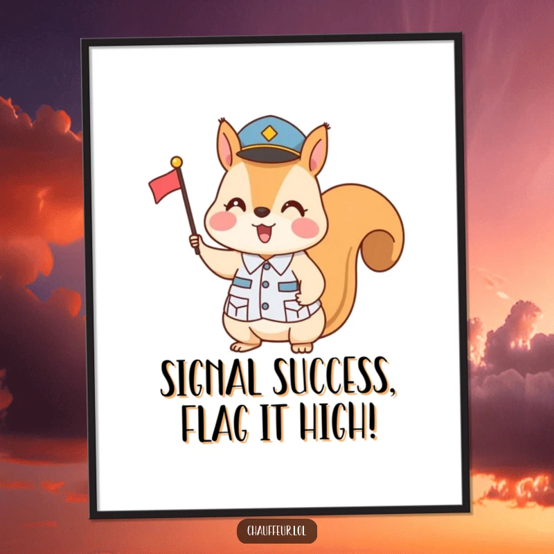 Funny Free Printable Wall Art: A squirrel in a uniform playfully signaling with a small flag. Quirky downloadable decor.