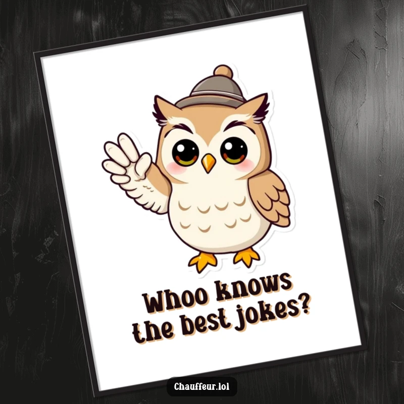 Funny free printable wall art: a cool owl character wearing a tiny hat signals with its wing, looking wise.