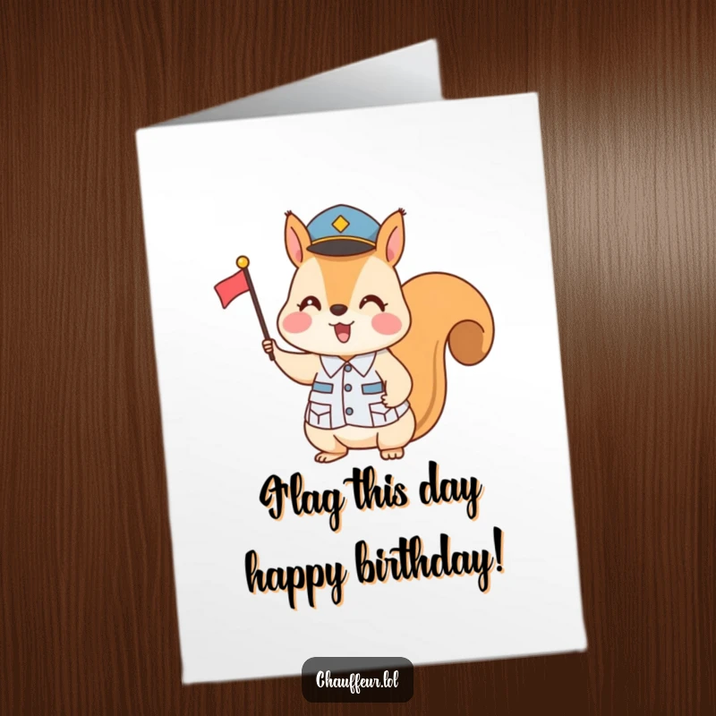 Funny Free Printable Birthday Card: A squirrel in a uniform hilariously signals with a flag. Downloadable and perfect for a laugh.