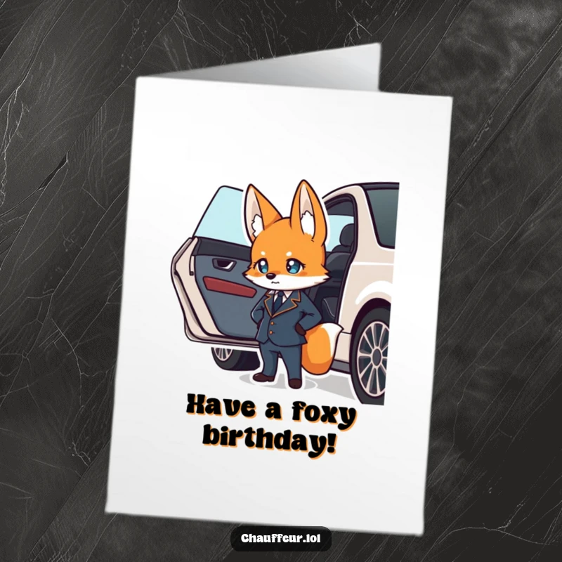 Funny free printable birthday card: a suave fox in a uniform confidently waits by a car door, ready to assist.