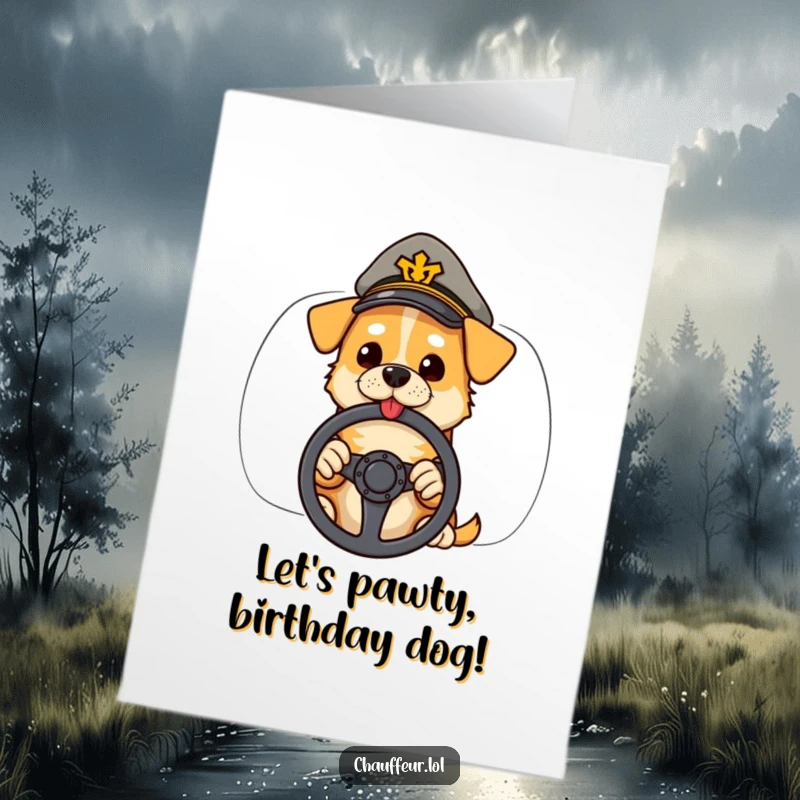 Funny Free Printable Birthday Card: Cool dog wearing a peaked cap, confidently holding a steering wheel, ready for adventure.