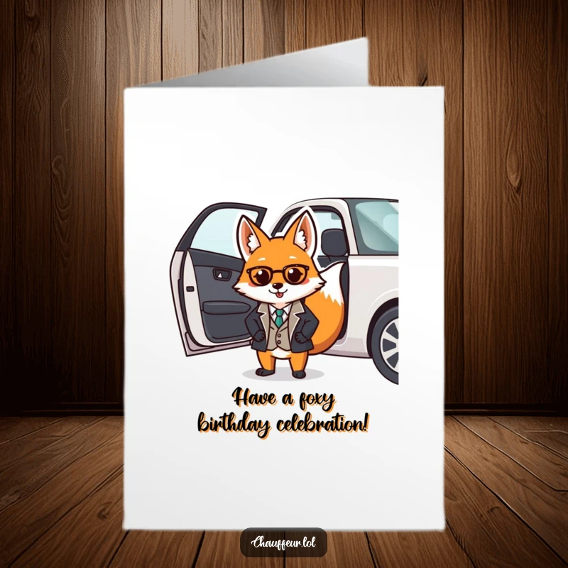 Funny Free Printable Birthday Card: Dapper fox in a smart uniform opening a car door with a polished demeanor.