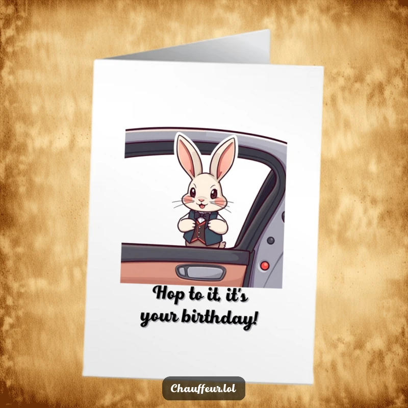 Free Printable Birthday Card: A debonair rabbit in a tiny vest stylishly opens a car door, ready to deliver birthday wishes.