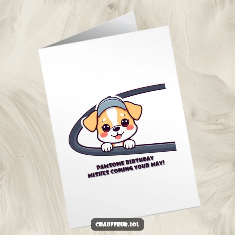 Funny Free Printable Birthday Card: A happy dog in a cap peeks from a car window, ready to celebrate your special day.