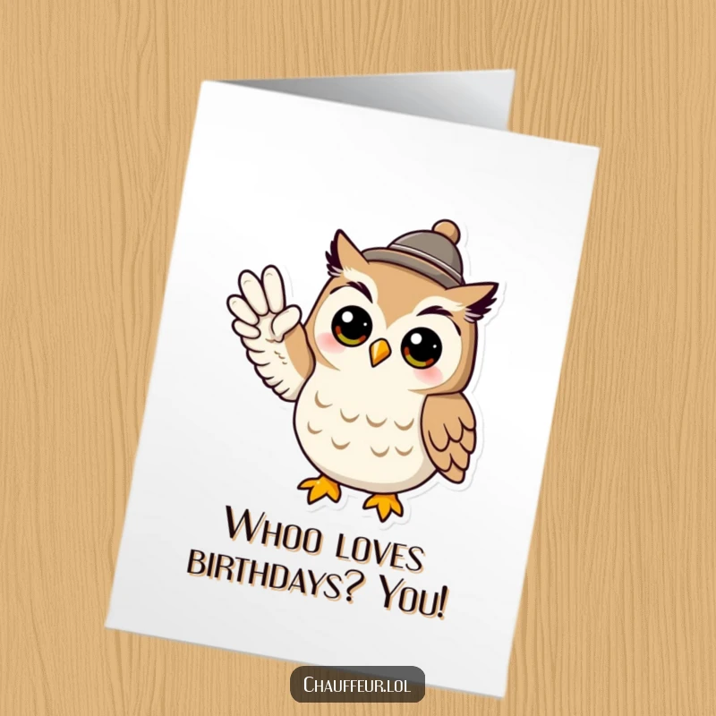 Funny free printable birthday card: a cool owl wearing a tiny hat signals with its wing, sending birthday cheer.