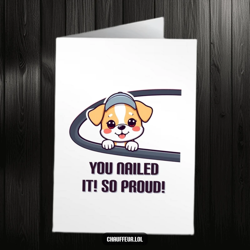Free Printable Congratulations Card: A joyful dog wearing a cap peeks out of a car window, celebrating your fantastic achievement.