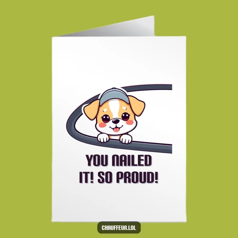 Free Printable Congrats Card: Cheerful Dog Driving Celebration Downloadable Gift