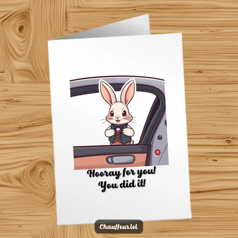 Free Printable Congratulations Card: A debonair rabbit in a small vest opens a car door, offering dapper congratulations.