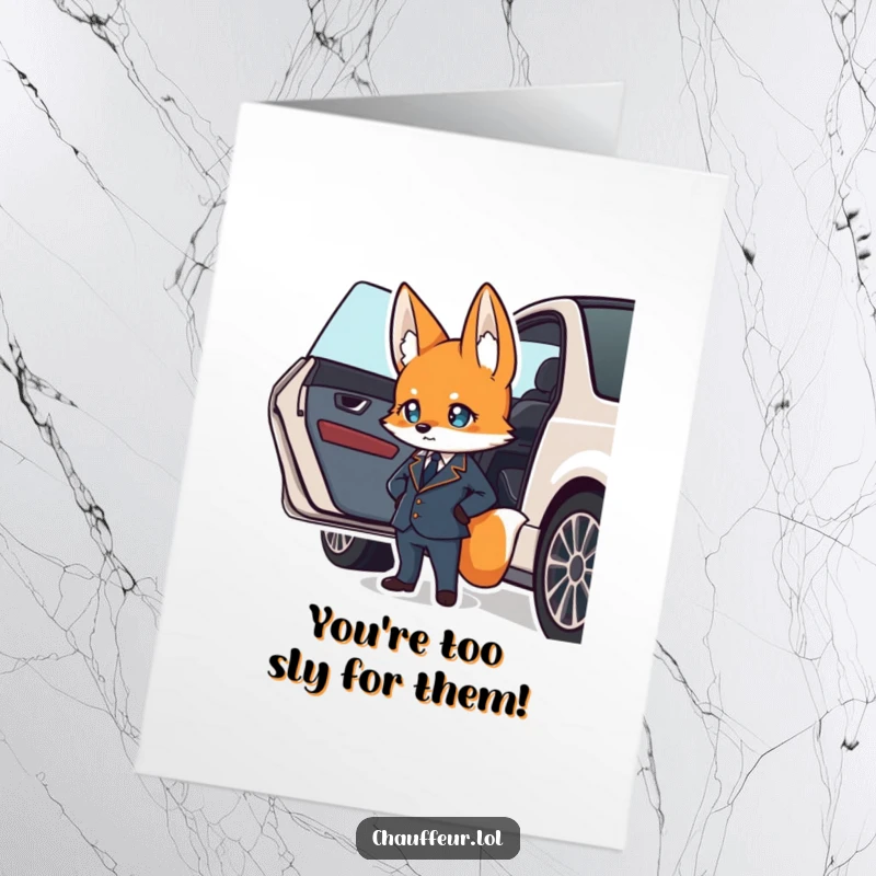 Funny free printable congratulations card: a suave fox in a uniform confidently waiting by a car door to greet success.