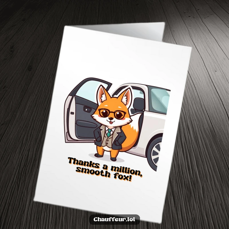 Funny Free Printable Thank You Card: Dapper fox in a smart uniform opening a car door, a sophisticated way to say thanks.