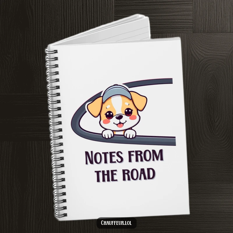 Funny Dog Car Window Notebook with a dog in a cap peeking from a car, perfect for notes and a funny gift idea.