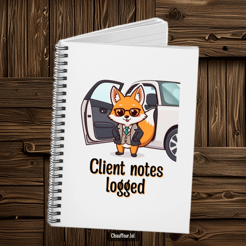 Funny notebook with a dapper fox in a smart uniform opening a car door, perfect for jotting down refined notes.