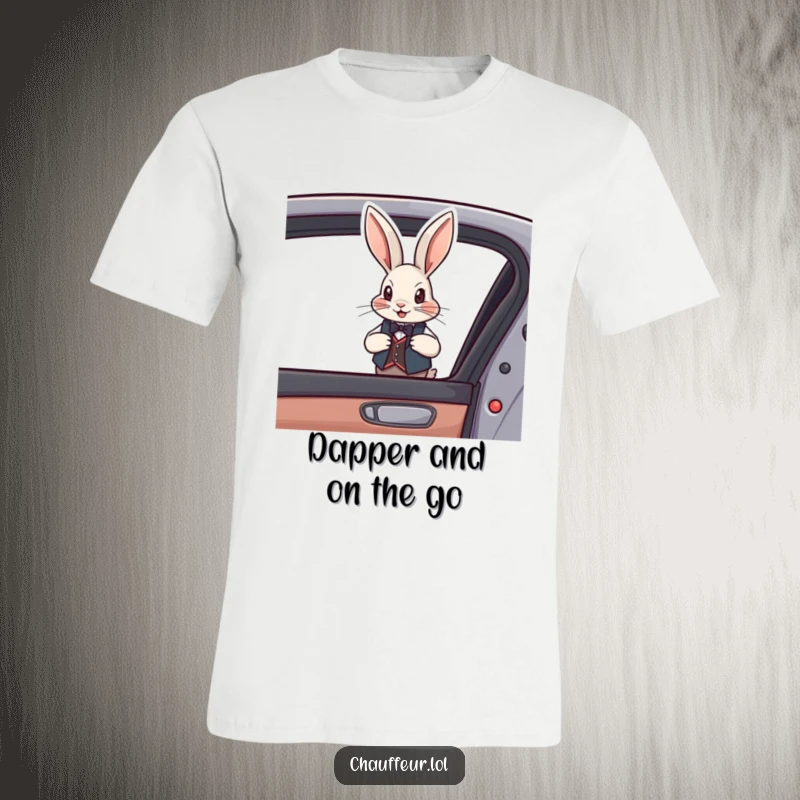 Funny Rabbit Vest T-Shirt showing a dapper rabbit in a vest opening a car door, a chic and funny gift.