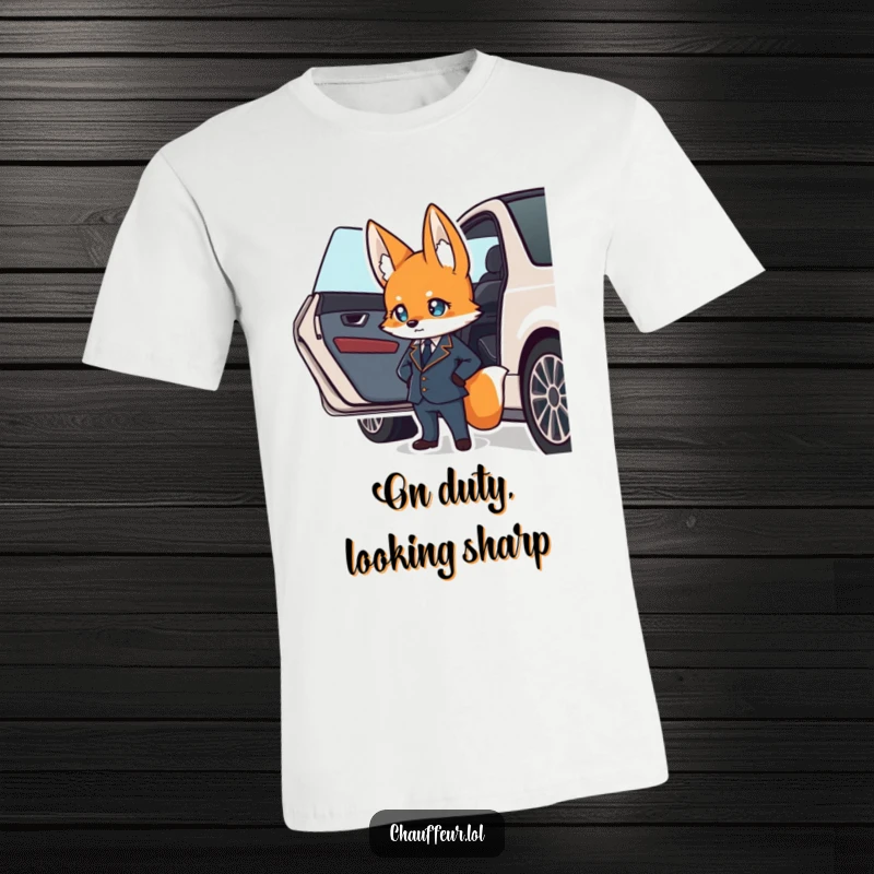 Funny t-shirt graphic of a suave fox in a uniform confidently waiting by a car door, ideal funny gift.