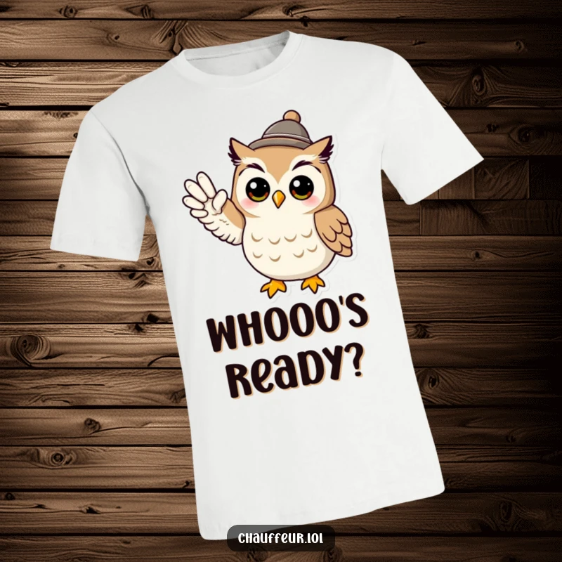 Funny t-shirt graphic of a cool owl wearing a tiny hat and signaling with its wing, ideal funny gift.