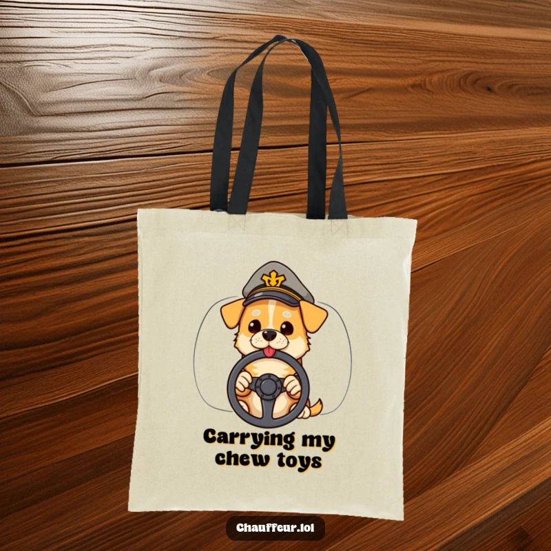 Funny tote bag with a cool dog in a peaked cap holding a steering wheel, ideal for carrying essentials on the go.
